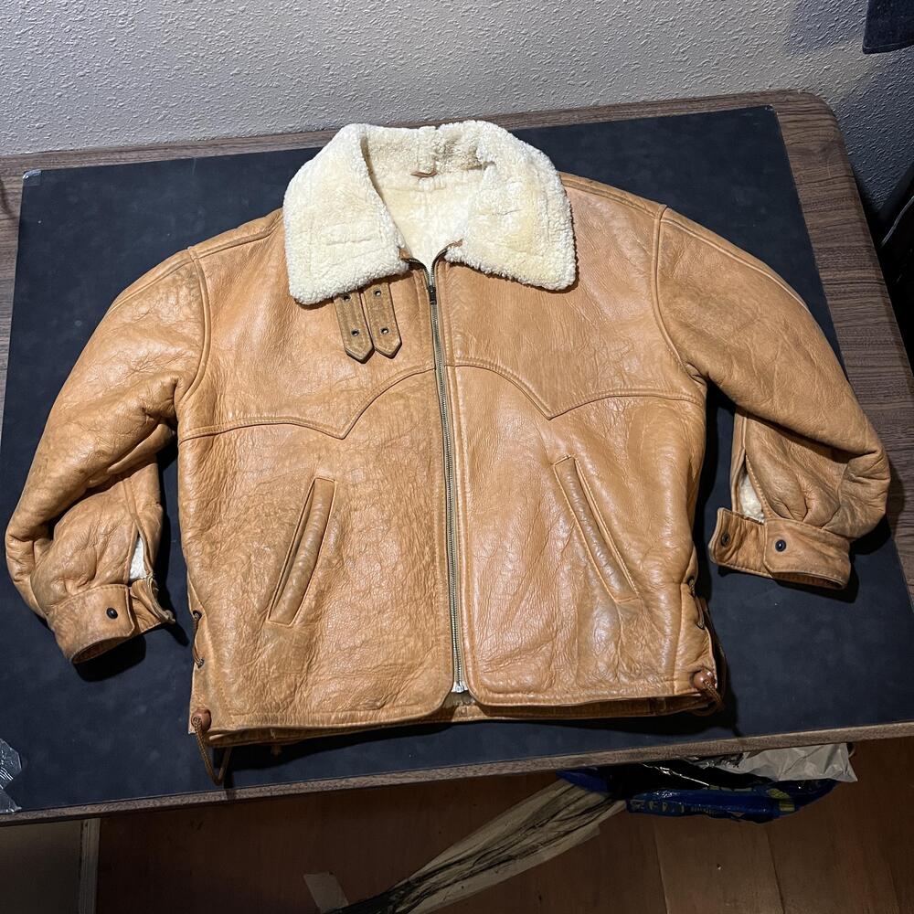 B-3 Shearling Aviator Bomber Vintage Leather Jacket Mens Large Tan Argentina 70s
